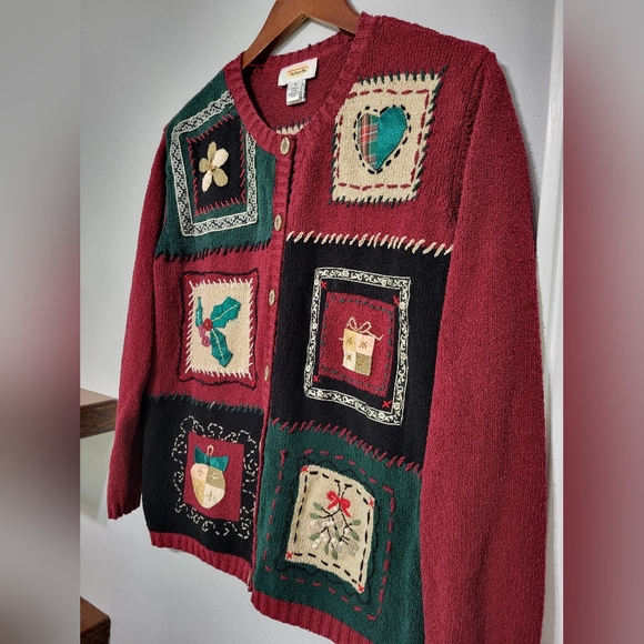 Vintage Talbots Silk Blend Ugly Christmas Sweater Embroidered Patchwork Sz M - Picture 2 of 9
